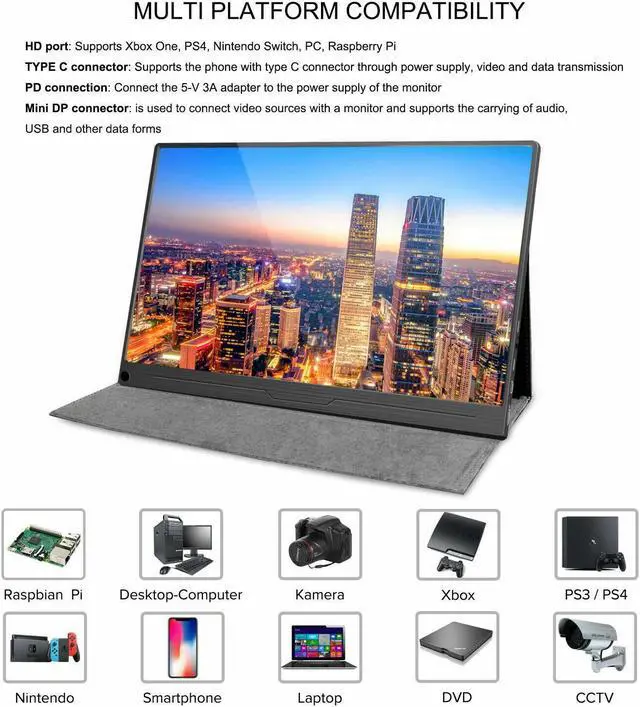 Alt view image 4 of 7 - Newsoul Portable Monitor, 15.6" IPS HDR 1920X1080 FHD Eye Care Screen USB C Gaming Monitor, Dual Speaker Computer Display HDMI Type-C VESA for Laptop PC MAC Phone w/Smart Case