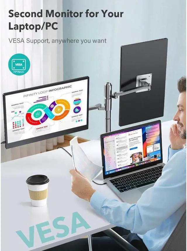 Alt view image 5 of 7 - Portable Monitor 17.3 Inch 2K, 2560X1440 USB C Portable Laptop Monitors with VESA & Smart Case 100% sRGB HDR FreeSync Travel Monitor Extender for Laptop PC MacBook Pro Xbox PS5 Phone