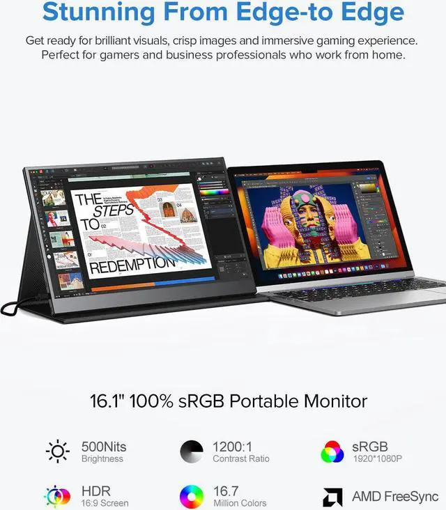 Alt view image 3 of 7 - NEWSOUL Portable Gaming Monitor 144Hz 16.1" 1080P 500Nits 1200:1 FreeSync