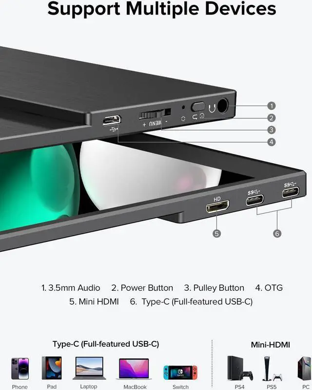 Alt view image 6 of 7 - NEWSOUL Portable Gaming Monitor 144Hz 16.1" 1080P 500Nits 1200:1 FreeSync
