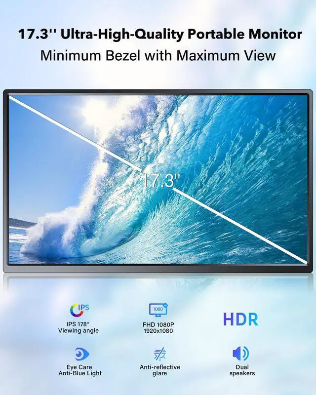Alt view image 2 of 7 - Portable Monitor 17.3" Freestanding, NEWSOUL 1080P FHD HDR IPS Laptop Screen W/ Standard HDMI/ USB 3.0 OTG/ Type C, Second External Computer Display Built-in Speaker/Ambient Light