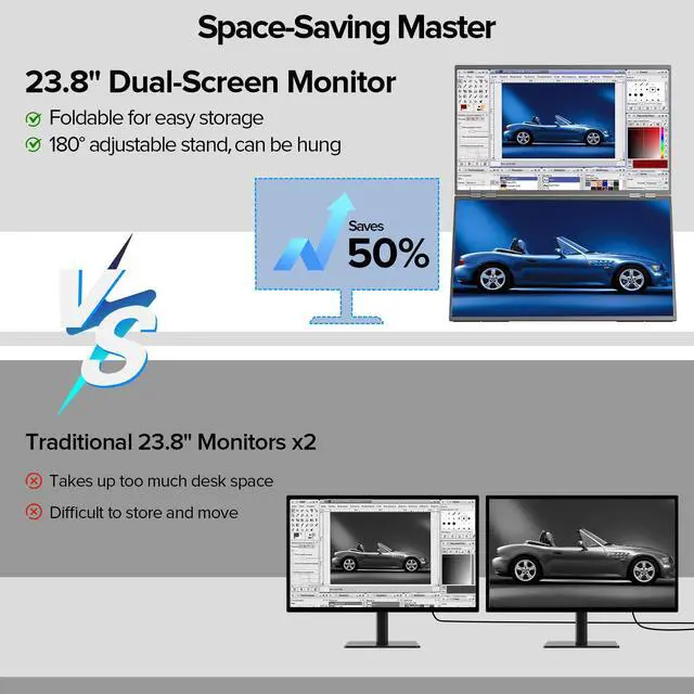Alt view image 3 of 7 - Newsoul Delta 23.8" 100Hz Dual Monitor Portable Screen Extender with 1080P HDR, 360° Folding, VESA Mount for Laptop, PC, Phone, Game Console (No Driver Needed)