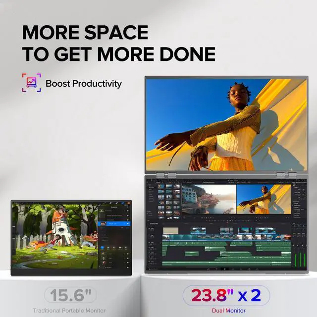 Alt view image 2 of 7 - Newsoul Delta 23.8" 100Hz Dual Monitor Portable Screen Extender with 1080P HDR, 360° Folding, VESA Mount for Laptop, PC, Phone, Game Console (No Driver Needed)