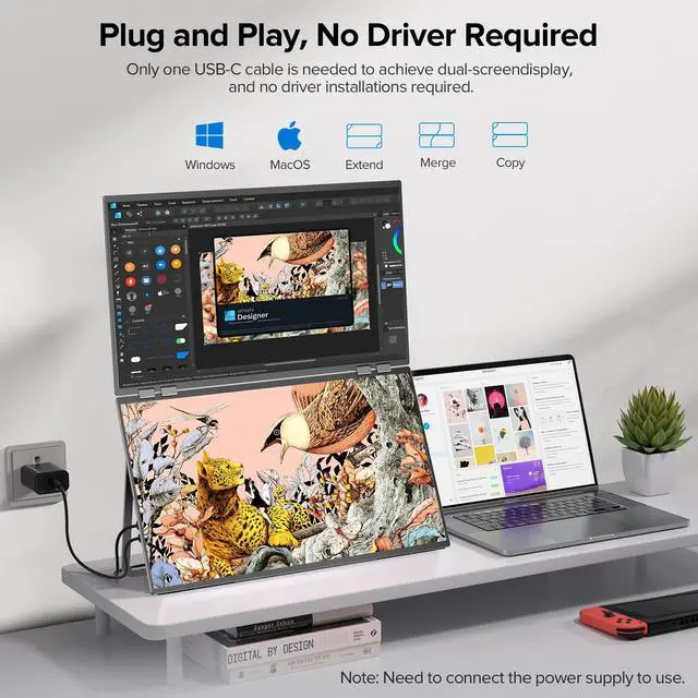 Alt view image 4 of 7 - Newsoul Delta 23.8" 100Hz Dual Monitor Portable Screen Extender with 1080P HDR, 360° Folding, VESA Mount for Laptop, PC, Phone, Game Console (No Driver Needed)