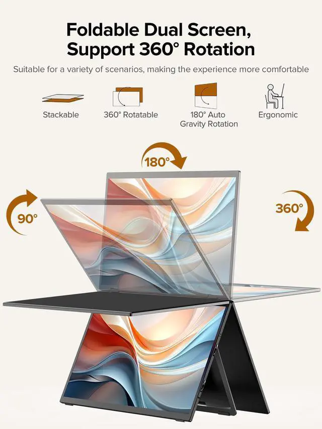 Alt view image 3 of 7 - Newsoul Delta 15.6" Dual Monitor Portable Screen Extender for Laptop, 1080P HDR, 360° Folding, Triple Monitor with Stand - No Driver Needed