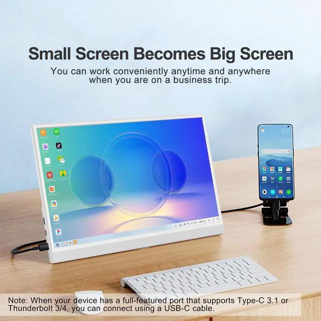 Alt view image 3 of 7 - Newsoul 15.6" Lightweight White Portable Monitor with USB-C, HDMI & Built-in Stand - 1080P External Laptop Screen