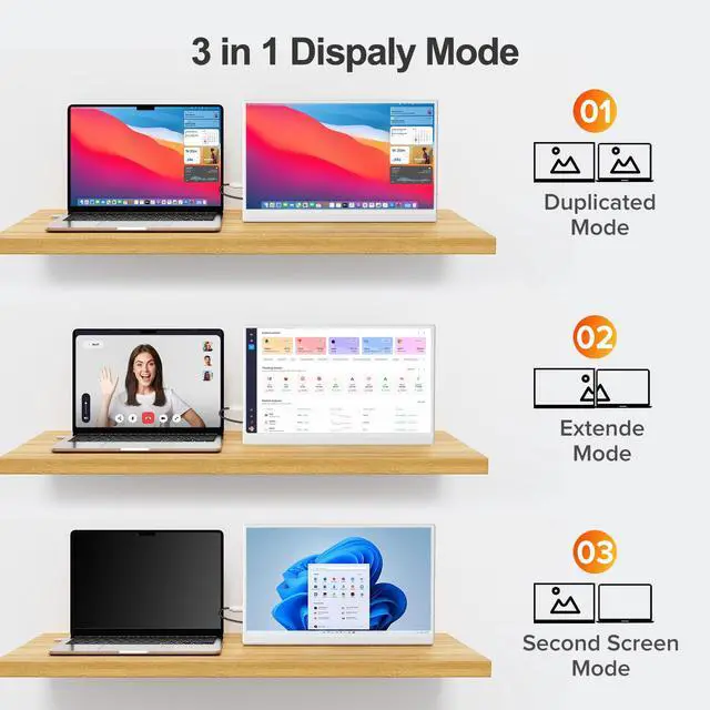 Alt view image 7 of 7 - Newsoul 15.6" Lightweight White Portable Monitor with USB-C, HDMI & Built-in Stand - 1080P External Laptop Screen