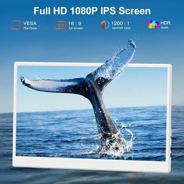 Alt view image 2 of 7 - Newsoul 15.6" Lightweight White Portable Monitor with USB-C, HDMI & Built-in Stand - 1080P External Laptop Screen