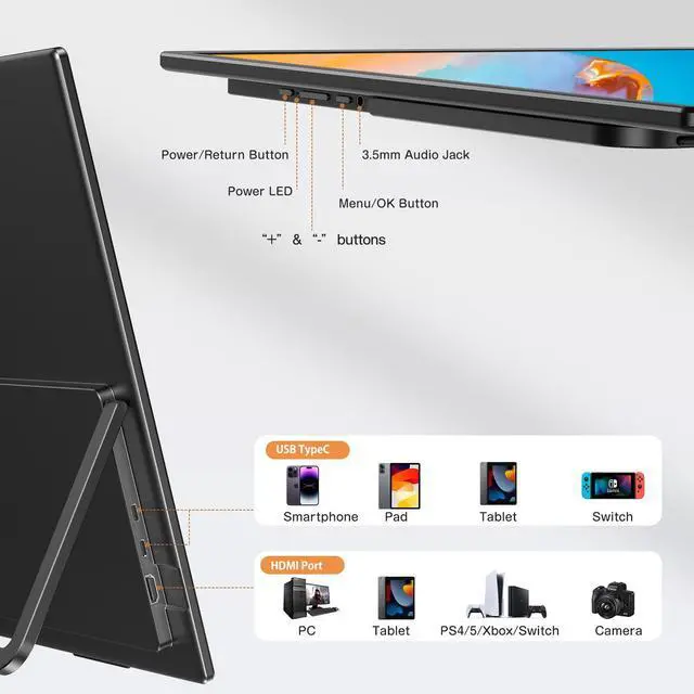 Alt view image 7 of 7 - Newsoul 24 120HZ Portable Monitor w/ 180°Adjustable Kickstand & VESA, Large Portable Gaming Monitor with HDMI Type C, External Portable Monitor for Laptops, Steamdeck, MacBook, Phones, Mini PC