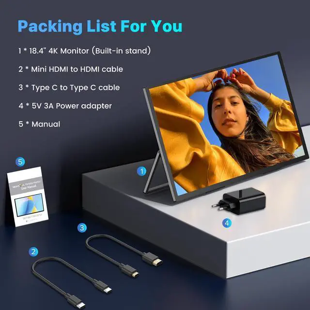 Alt view image 7 of 7 - Newsoul Portable Monitor 18.4" 4K 60Hz 10-Bit HDR IPS Gaming Monitor with VESA, 180° Adjustable Stand, Ultra-Slim & Lightweight Frameless Design, FreeSync, Portable Travel Second Monitor for Laptops