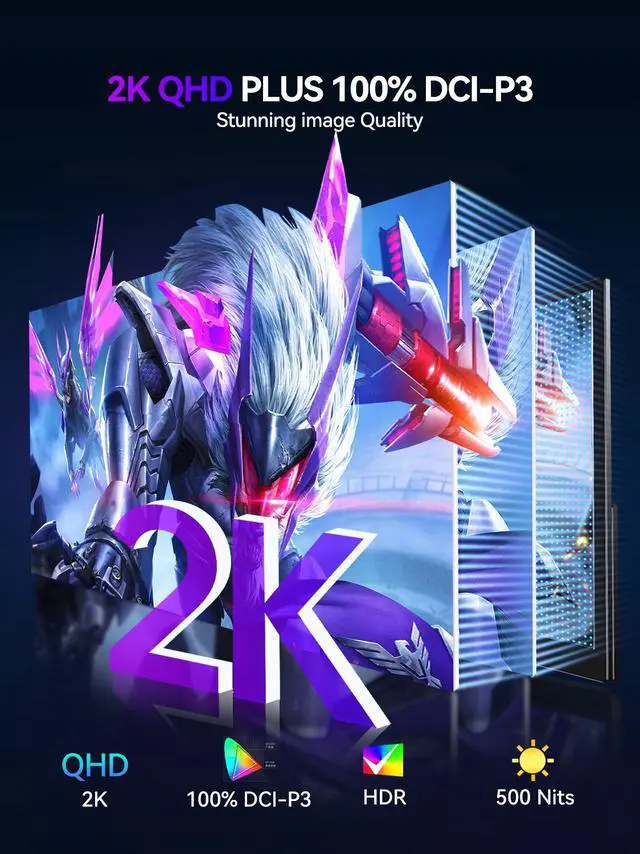 Alt view image 3 of 7 - Newsoul 18" 2K 144Hz 100% DCI-P3 500Nits Portable Gaming Monitor with VESA, Stand, FreeSync & HDR - Ultra-Slim & Lightweight Frameless Display