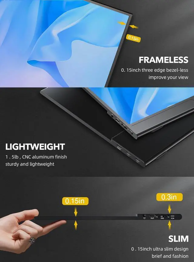 Alt view image 3 of 7 - Newsoul True 4K Portable Monitor, 15.6" UHD IPS 3840x2160, 600 Nits Brightness, 100% AdobeRGB, USB-C, HDMI, OTG, HDR, FreeSync, Dual Speakers, Arch Metal Frame, Smart Case Included