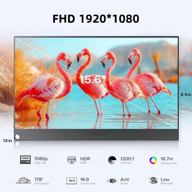 Alt view image 2 of 7 - Newsoul 15.6" 1080P FHD Portable Monitor with USB-C, HDMI, VESA & Smart Case - Matte IPS Display for Switch/PS5/PC/Phone Monitor
