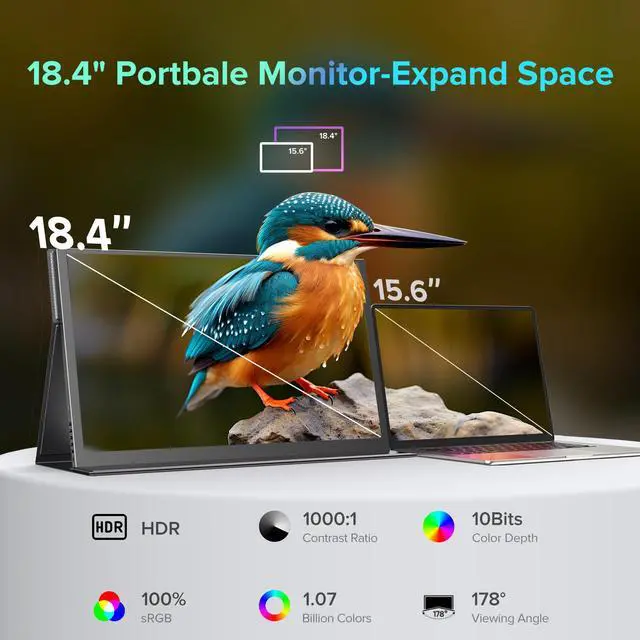 Alt view image 3 of 7 - Newsoul 18.4" 4K UHD Portable Monitor with HDR, 10-bit Color, FreeSync, VESA Mount, USB-C, Mini HDMI, and Leather Case for Laptop, Phone, and Gaming Console