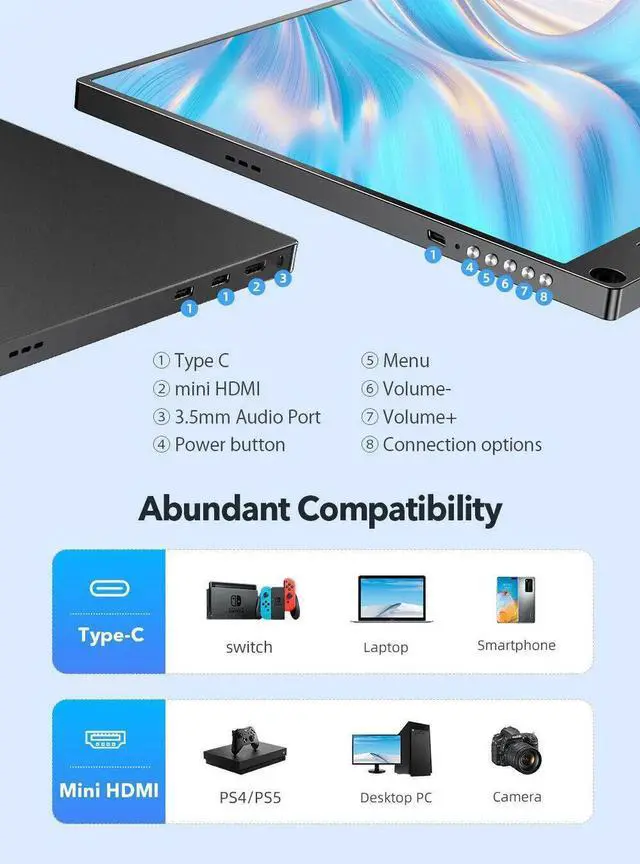 Alt view image 5 of 7 - UPERFECT 13.3 Inch Portable Monitor, 1080 FHD Ultra-thin External Monitor, IPS Screen with HDMI Type C, OTG, Eye Care Gaming Screen for PS3 PS4 Xbox Laptop Phone PC Mac