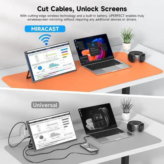 Alt view image 3 of 7 - Uperfect 15.6" FHD 1080P Portable Monitor with Wireless Screen Mirroring, Built-in Battery, Speakers, LS Stand & VESA Mount, USB-C/HDMI for Laptop/Phone/Gaming