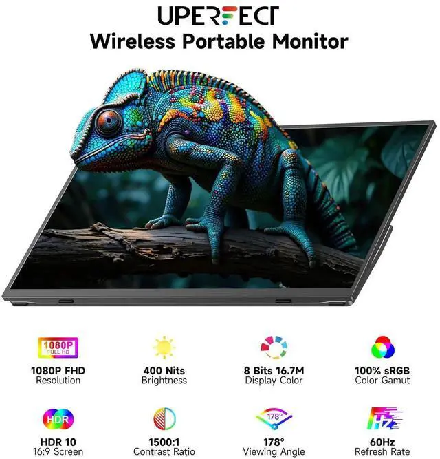 Alt view image 2 of 7 - Uperfect 15.6" FHD 1080P Portable Monitor with Wireless Screen Mirroring, Built-in Battery, Speakers, LS Stand & VESA Mount, USB-C/HDMI for Laptop/Phone/Gaming