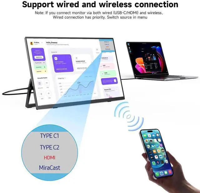 Alt view image 4 of 7 - Uperfect 15.6" FHD 1080P Portable Monitor with Wireless Screen Mirroring, Built-in Battery, Speakers, LS Stand & VESA Mount, USB-C/HDMI for Laptop/Phone/Gaming