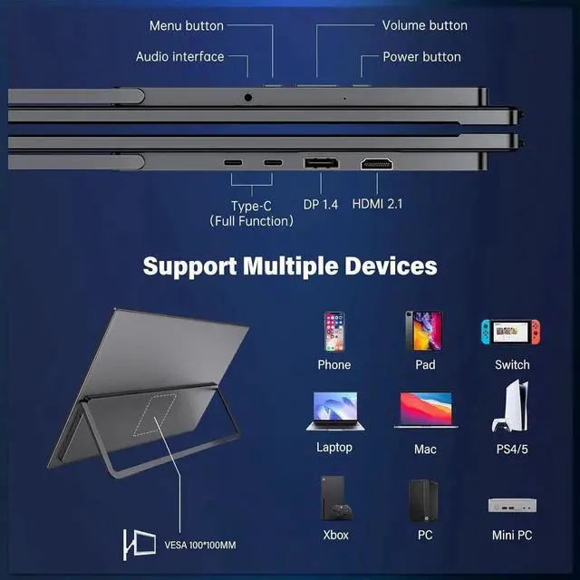 Alt view image 6 of 7 - UPERFECT 27" 4K UHD 3840x2160 144Hz / FHD 1080p 288Hz Dual-Mode Portable Gaming Monitor, IPS 100% sRGB, USB-C PD, HDMI 2.1, Built-in Speakers, VESA