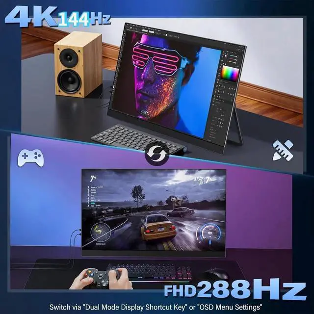 Alt view image 4 of 7 - UPERFECT 27" 4K UHD 3840x2160 144Hz / FHD 1080p 288Hz Dual-Mode Portable Gaming Monitor, IPS 100% sRGB, USB-C PD, HDMI 2.1, Built-in Speakers, VESA