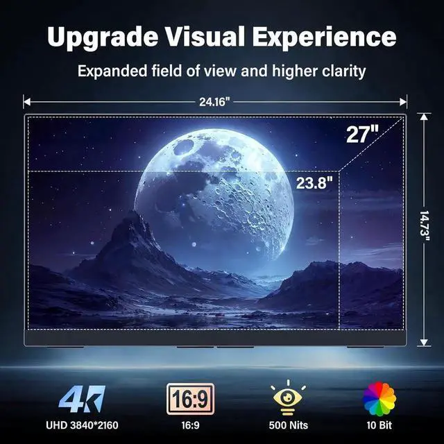 Alt view image 2 of 7 - UPERFECT 27" 4K UHD 3840x2160 144Hz / FHD 1080p 288Hz Dual-Mode Portable Gaming Monitor, IPS 100% sRGB, USB-C PD, HDMI 2.1, Built-in Speakers, VESA