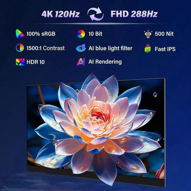 Alt view image 5 of 7 - UPERFECT 27" 4K UHD 3840x2160 144Hz / FHD 1080p 288Hz Dual-Mode Portable Gaming Monitor, IPS 100% sRGB, USB-C PD, HDMI 2.1, Built-in Speakers, VESA