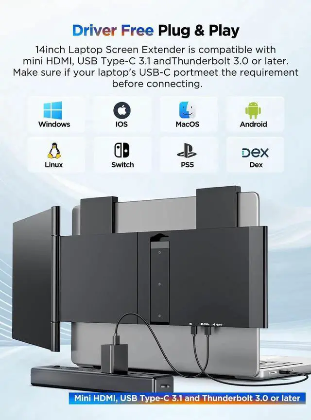 Alt view image 6 of 7 - UPERFECT 14" Laptop Screen Extender 1080P FHD IPS Portable Monitor, HDMI & USB-C Plug & Play, Compatible with Windows/Mac/Chrome/Android, Xbox/Switch/PS5, for 14"-16.5" Laptops