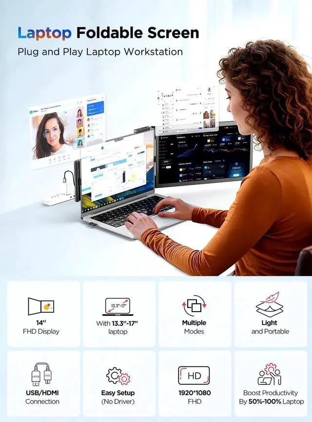 Alt view image 2 of 7 - UPERFECT 14" Laptop Screen Extender 1080P FHD IPS Portable Monitor, HDMI & USB-C Plug & Play, Compatible with Windows/Mac/Chrome/Android, Xbox/Switch/PS5, for 14"-16.5" Laptops