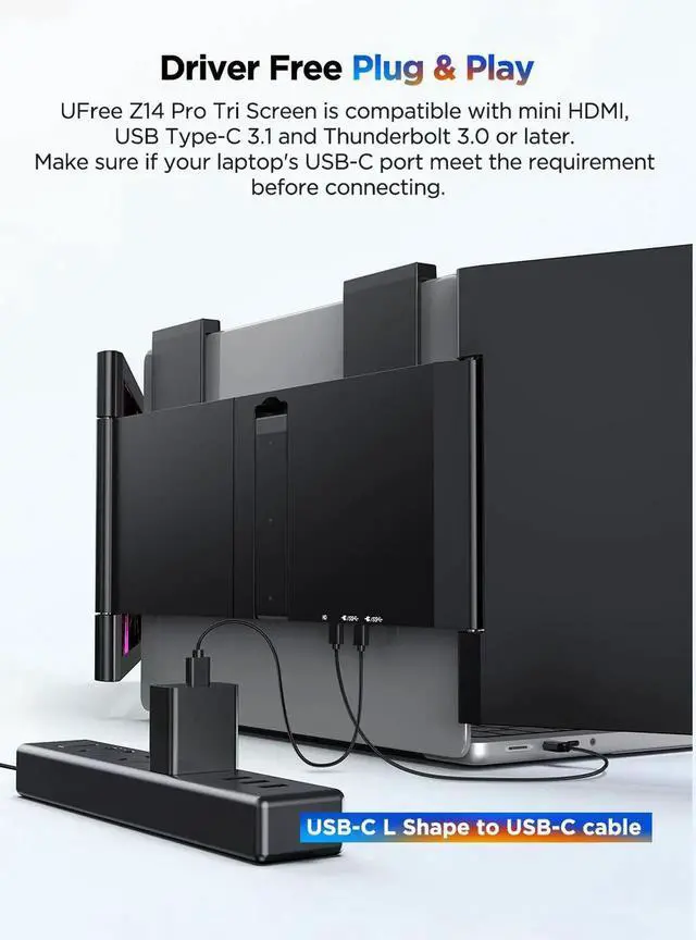 Alt view image 3 of 7 - UPERFECT 14" Dual Laptop Screen Extender Triple Monitor Display via One USB-C Cable, 1080P FHD IPS Portable Monitor for 14-16.5" Laptops, Compatible with Mac/Windows, HDMI & Miracast
