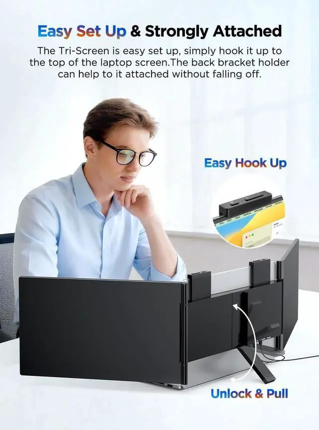 Alt view image 5 of 7 - UPERFECT 14" Dual Laptop Screen Extender Triple Monitor Display via One USB-C Cable, 1080P FHD IPS Portable Monitor for 14-16.5" Laptops, Compatible with Mac/Windows, HDMI & Miracast