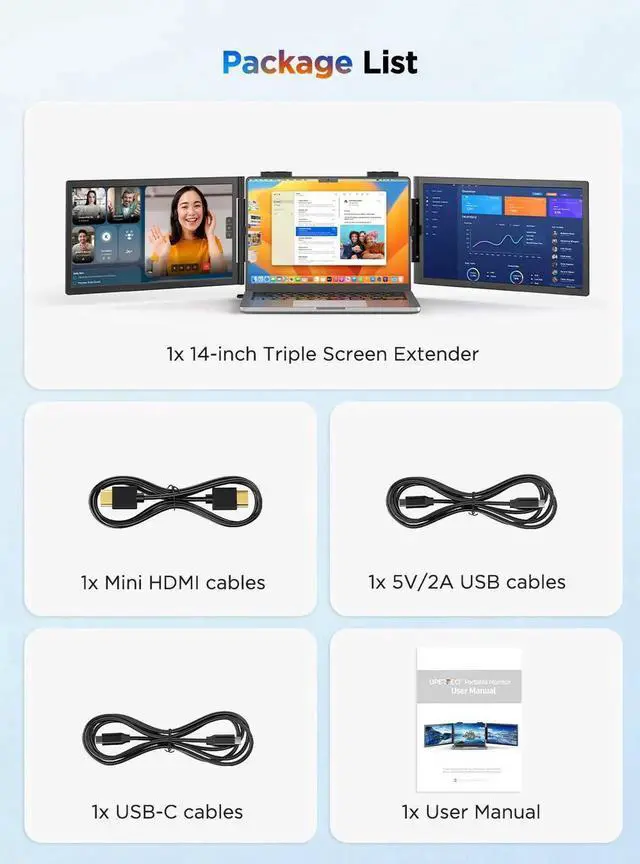 Alt view image 7 of 7 - UPERFECT 14" Dual Laptop Screen Extender Triple Monitor Display via One USB-C Cable, 1080P FHD IPS Portable Monitor for 14-16.5" Laptops, Compatible with Mac/Windows, HDMI & Miracast