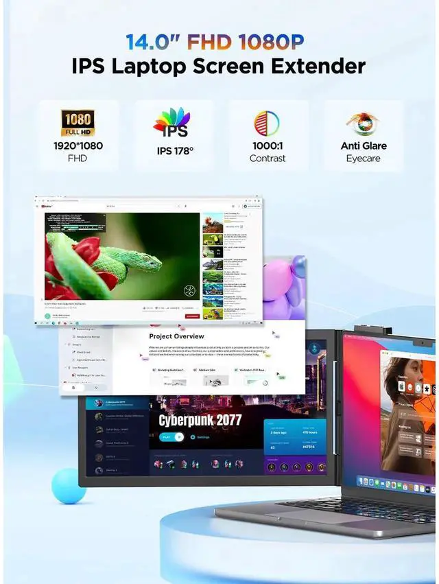 Alt view image 4 of 7 - UPERFECT 14" Dual Laptop Screen Extender Triple Monitor Display via One USB-C Cable, 1080P FHD IPS Portable Monitor for 14-16.5" Laptops, Compatible with Mac/Windows, HDMI & Miracast