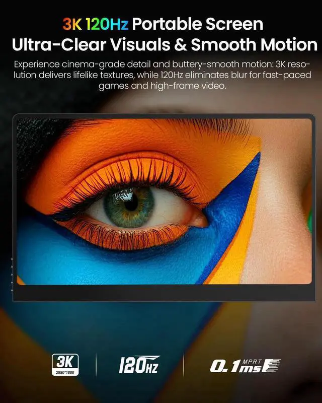 Alt view image 7 of 7 - UPERFECT 14" 3K OLED Portable Monitor, 2880x1800 120Hz 0.1ms Gaming Display, 500nits 120% DCI-P3 HDR, Ultra-Slim External Monitor for Laptop, PC, Phone, PS5 & Xbox