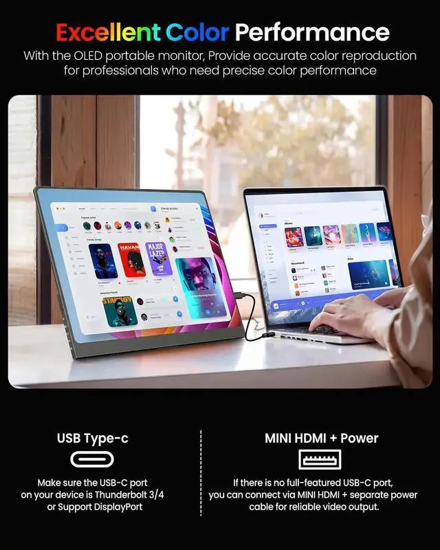Alt view image 4 of 7 - UPERFECT 14" 3K OLED Portable Monitor, 2880x1800 120Hz 0.1ms Gaming Display, 500nits 120% DCI-P3 HDR, Ultra-Slim External Monitor for Laptop, PC, Phone, PS5 & Xbox