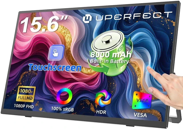 Main image of UPERFECT 15.6" Touchscreen Portable Monitor - 1080P FHD IPS, 10-Point Touch, Built-in 8000mAh Battery & Kickstand & Speakers, USB-C Mini HDMI, VESA Mount, for Laptop PC Mac Phone Game Console