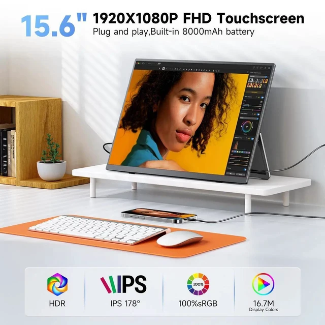 Alt view image 5 of 7 - UPERFECT 15.6" Touchscreen Portable Monitor - 1080P FHD IPS, 10-Point Touch, Built-in 8000mAh Battery & Kickstand & Speakers, USB-C Mini HDMI, VESA Mount, for Laptop PC Mac Phone Game Console