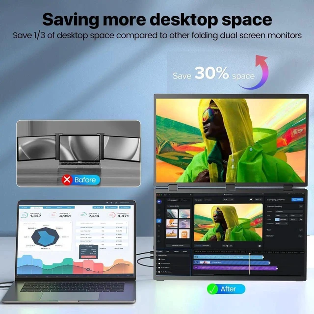 Alt view image 3 of 7 - UPERFECT 18.5" Delta Dual Portable Monitor - 100Hz 1080P HDR 360° Folding Screen Extender | Stand & VESA Mount | Plug & Play No Driver for Laptop/PC/Phone/Game Console