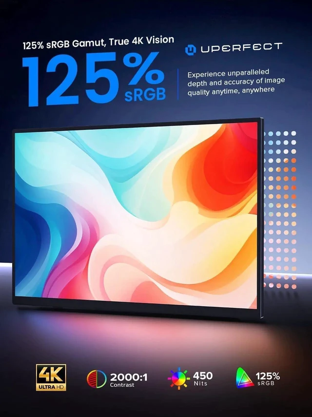 Alt view image 5 of 7 - UPERFECT 15.6" 4K Portable Touchscreen Monitor, 3840x2160 UHD 125% sRGB 450 Nits, 10-Point Touch, 2000:1 Contrast, USB-C & Mini HDMI, VESA & Built-in Stand, Second Screen for Laptop PC Game Consoles