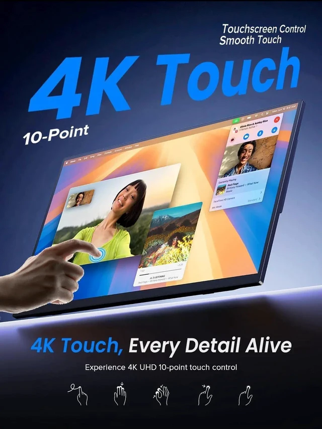 Alt view image 2 of 7 - UPERFECT 15.6" 4K Portable Touchscreen Monitor, 3840x2160 UHD 125% sRGB 450 Nits, 10-Point Touch, 2000:1 Contrast, USB-C & Mini HDMI, VESA & Built-in Stand, Second Screen for Laptop PC Game Consoles