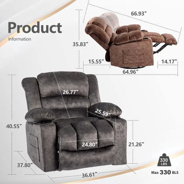 Alt view image 7 of 7 - 36.6'' Recliner Chair Massage Rocker with Heated Modern Ergonomic Lounge 360 Degree Swivel Single Sofa Seat Living Room Lounge Recliners on Clearance Elastic Foam Filling