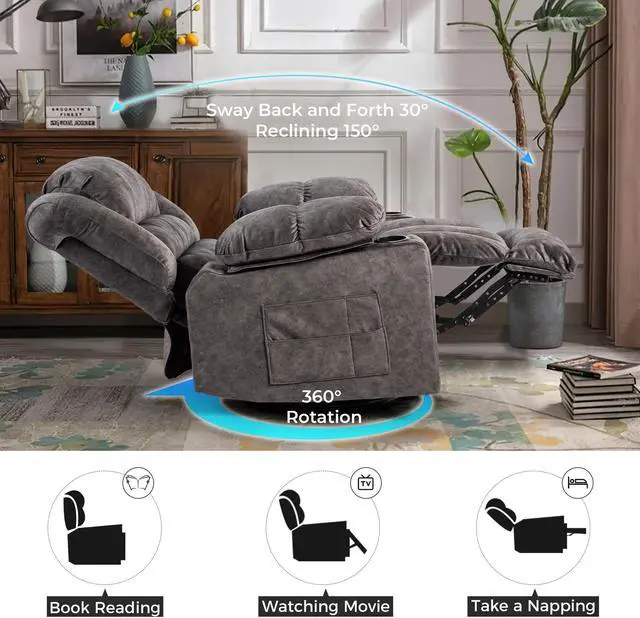 Alt view image 3 of 7 - 36.6'' Recliner Chair Massage Rocker with Heated Modern Ergonomic Lounge 360 Degree Swivel Single Sofa Seat Living Room Lounge Recliners on Clearance Elastic Foam Filling