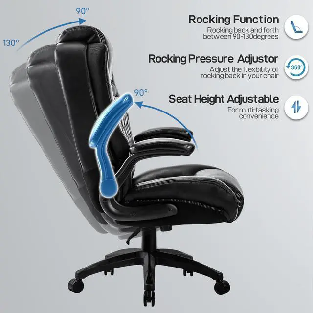 Alt view image 4 of 7 - High Back Big & Tall 400lb Office Chair - Heavy Duty Metal Base, Adjustable Tilt Angle Large Bonded Leather Ergonomic Executive Desk Computer Swivel Chairs