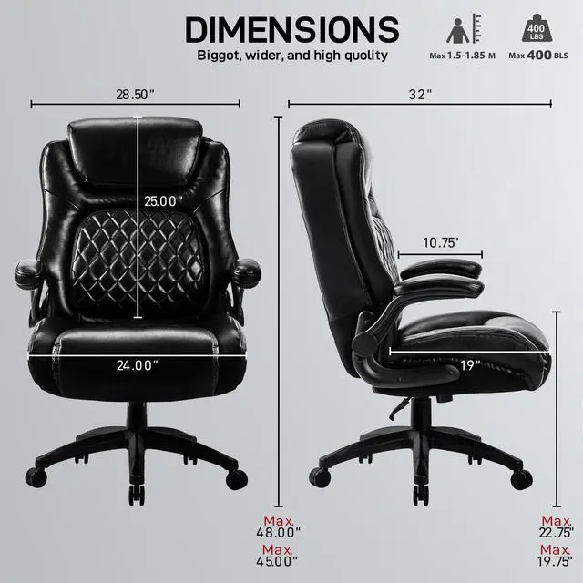 Alt view image 6 of 7 - High Back Big & Tall 400lb Office Chair - Heavy Duty Metal Base, Adjustable Tilt Angle Large Bonded Leather Ergonomic Executive Desk Computer Swivel Chairs
