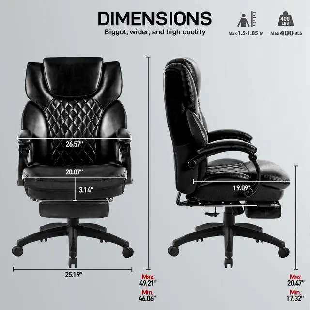 Alt view image 6 of 7 - High Back Big & Tall 400lb Office Chair with Footrest - Heavy Duty Base, Adjustable Tilt Angle Large Bonded Leather Ergonomic Executive Desk Computer Swivel Chair