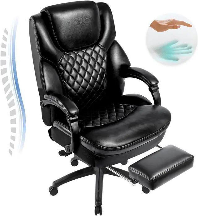 Alt view image 2 of 7 - High Back Big & Tall 400lb Office Chair with Footrest - Heavy Duty Base, Adjustable Tilt Angle Large Bonded Leather Ergonomic Executive Desk Computer Swivel Chair