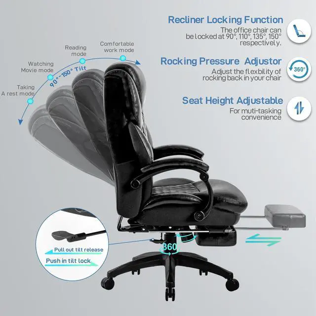 Alt view image 4 of 7 - High Back Big & Tall 400lb Office Chair with Footrest - Heavy Duty Base, Adjustable Tilt Angle Large Bonded Leather Ergonomic Executive Desk Computer Swivel Chair