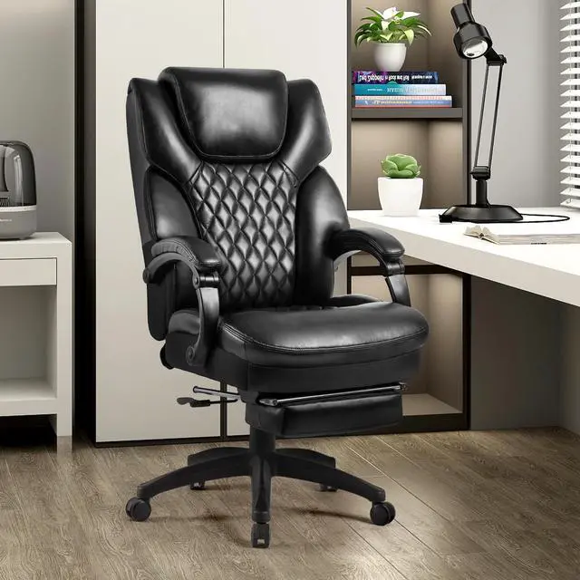Main image of High Back Big & Tall 400lb Office Chair with Footrest - Heavy Duty Base, Adjustable Tilt Angle Large Bonded Leather Ergonomic Executive Desk Computer Swivel Chair