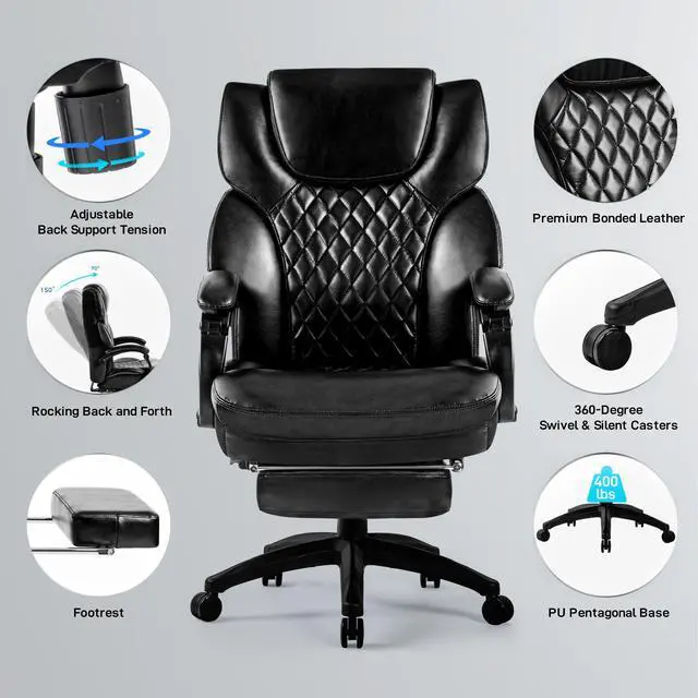 Alt view image 3 of 7 - High Back Big & Tall 400lb Office Chair with Footrest - Heavy Duty Base, Adjustable Tilt Angle Large Bonded Leather Ergonomic Executive Desk Computer Swivel Chair