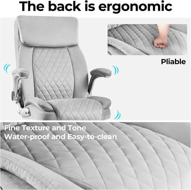 Alt view image 4 of 7 - COLERLINE Velvet Ergonomic Office Chair, Adjustable Arms Wide Managerial Executive Home Desk Computer Chair Big and Tall with High Back Lumbar Support Wheels Comfortable Grey