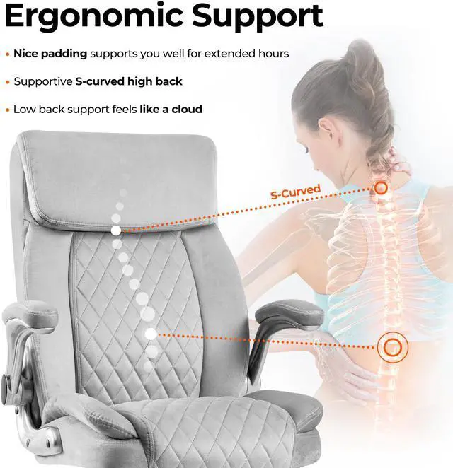 Alt view image 5 of 7 - COLERLINE Velvet Ergonomic Office Chair, Adjustable Arms Wide Managerial Executive Home Desk Computer Chair Big and Tall with High Back Lumbar Support Wheels Comfortable Grey